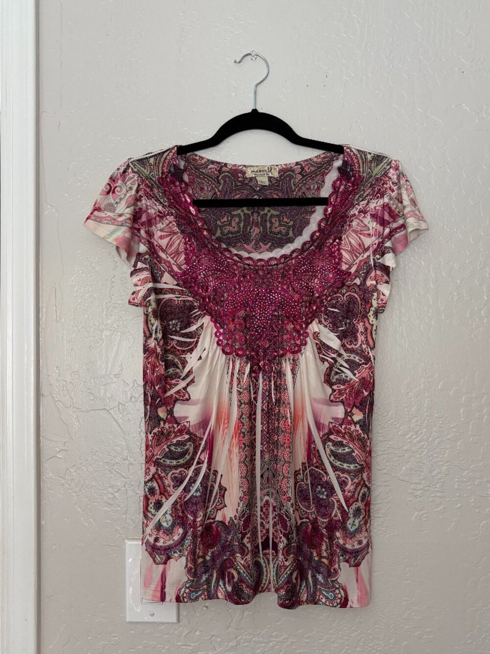 Y2K Fairy Core Pink Print Scoop Top With Jewel Details One World Size Small